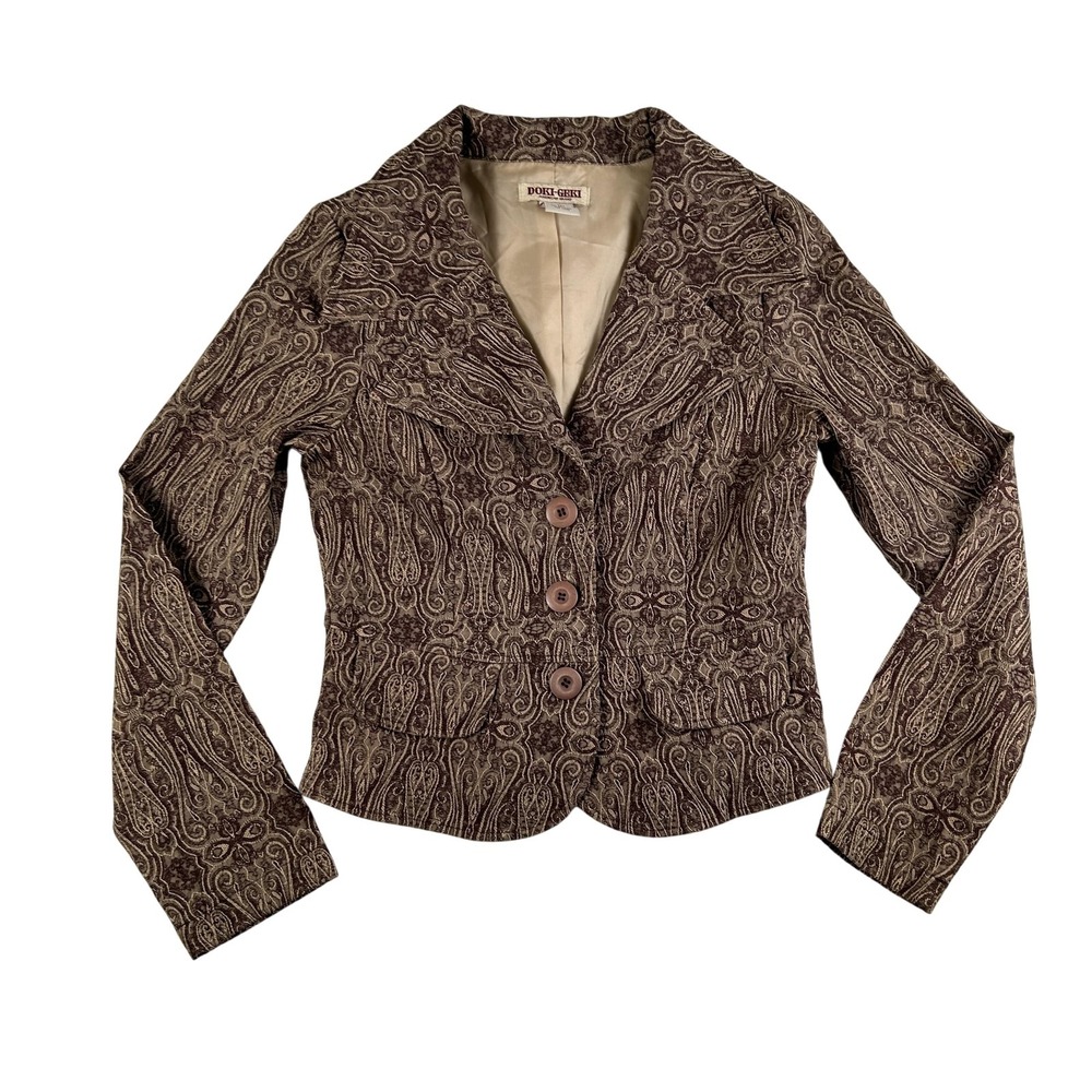 Doki-Geki Jacket Womens Medium Brown Paisley Brocade‎ Blazer Button Up Lined